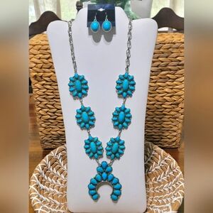 Turquoise Colored Squash Blossom Necklace And Earring Set New